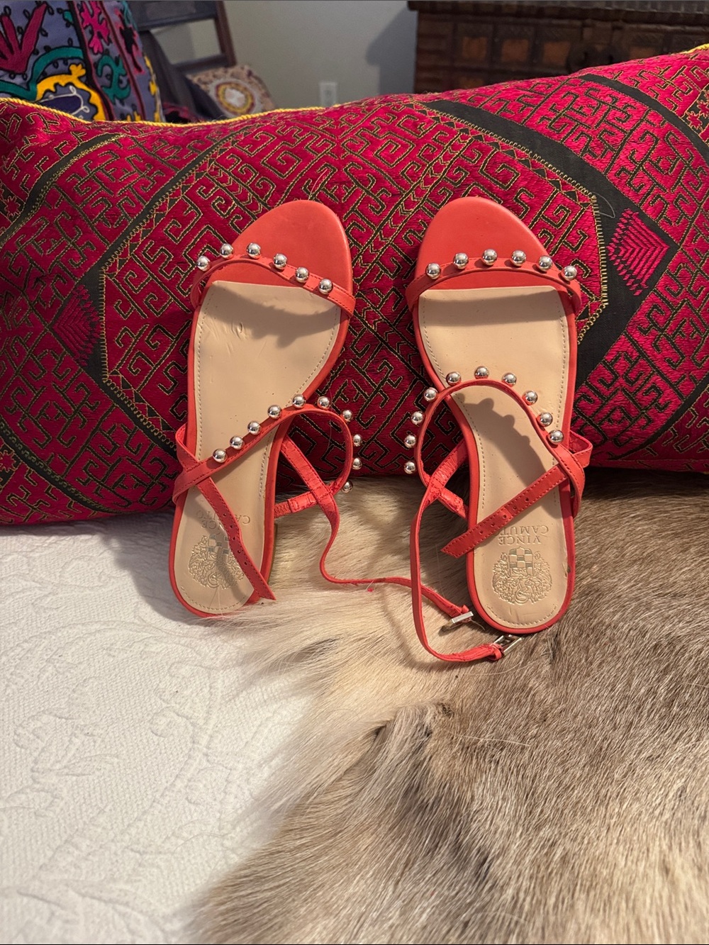 Vince Camuto Coral Red Studded Lace-Up Sandals